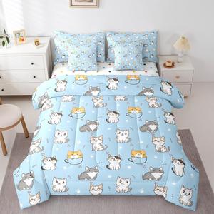 Erosebridal Комплект постельного белья Kawaii Animal с милыми котиками в светло-голубом цвете, Light Blue