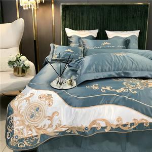 LUOLAI HOME Комплект постельного белья 4 предмета, простыня на резинке 150х200 см, пододеяльник 200х230 см, цвет: темно-синий, кейт-блю, серый