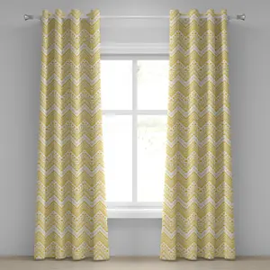 Желтая шевронная штора ABAKUHAUS с люверсами, нарисованная вручную в стиле ацтекского племенного африканского узора с пунктирными линиями, декоративная двухпанельная штора на окно, 280 см x 175 см, горчично-белая