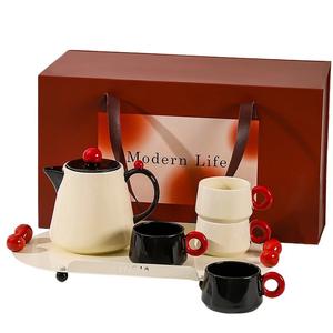 Кофейный набор Kawasimaya CJ-244-01, 1 чайник 4 чашки поднос, черный/белый