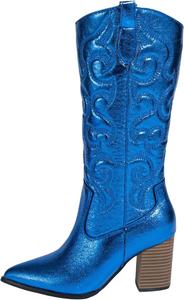 Женские западные сапоги, толстая мягкая подошва с поролоном, вышитые цветы, заостренный носок, высокий каблук, большой размер Generic, Blue