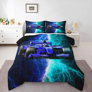 Erosebridal Комплект постельного белья Race Car с принтом гоночных машин в сине-голубой гамме, Turquoise Blue