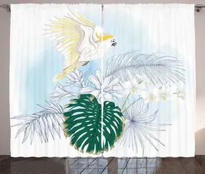 Штора ABAKUHAUS Тропический деревенский, экзотические растения и попугай, присборенная штора для спальни с петлями и крючками, 280 x 225 см, цвет Лесной зеленый, разноцветный Abakuhaus