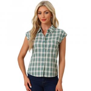 Женская рубашка с острым воротником и короткими рукавами в клетку на пуговицах ALLEGRA K, цвет Green White