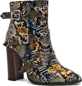 Женские ботинки на шнуровке Alyaafifa с высокими каблуками, закругленным носком и молнией, 4-дюймовый массивный каблук, замшевая кожа, элегантные короткие ботильоны для вечеринок и мероприятий, Snakeskin - Buckle