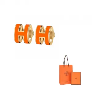 HERMES Серьги металлические женские активный оранжевый, с золотой инкрустацией