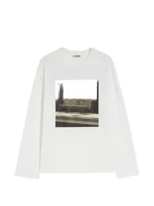 Хлопковая футболка с длинными рукавами и принтом Jil Sander, белый