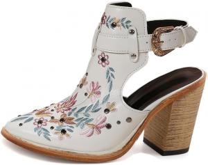 Женские ботильоны с цветочной вышивкой, открытой пяткой с пряжкой, вестерн, винтаж, на массивном деревянном каблуке ATBELL, White