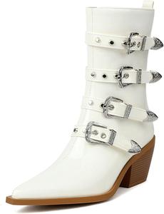 Женские ботинки западного стиля с острым носком, из лакированной кожи, средний каблук, сексуальный панк, радужный ремешок, металлическая пряжка, боковая молния, плюшевая подкладка, нескользящая подошва ZQW, White