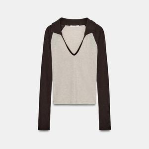Футболка Zara Contrast Polo Collar, бежевый/коричневый