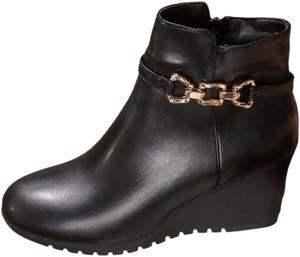 SPKFHD Женские черные модные короткие ботинки - танкетка, круглый носок, боковая молния, металлическая отделка - подходят для повседневного ношения или работы.