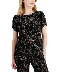 Миниатюрный топ с круглым вырезом и короткими рукавами с принтом AK Anne Klein, черный