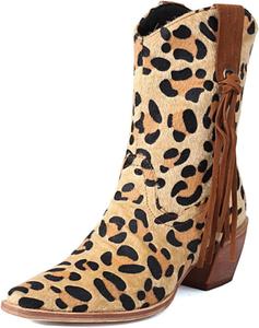 Ботильоны на толстом каблуке Alyaafifa для женщин, с закрытым носком, квадратным носком, мехом, замшевой отделкой, леопардовым принтом, короткие сапожки с бахромой, бахромой, для осени и зимы, для платья, для вечеринки, мероприятия или отпуска