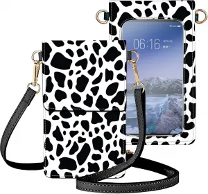 Небольшие женские сумки через плечо, кожаный дорожный кошелек для мобильного телефона, кошелек для телефона с сенсорным экраном и держателем для карт, многофункциональная маленькая сумка через плечо с принтом под коровью шкуру.