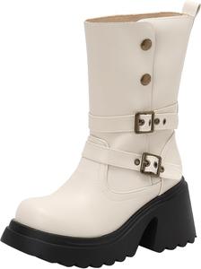 Женские элегантные ботинки на массивном каблуке, ботильоны с круглым носком и без шнуровки XIEPP, White