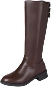 Женские винтажные кожаные сапоги с пряжкой, низкий каблук, боковые молнии, длинные ботильоны для осени и зимы Generic, Brown