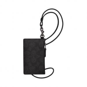COACH Мини-картхолдер из лакированного полотна с телячьей кожей, Charcoal Black & Black