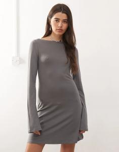 Мини-платье Weekday с вырезом-лодочкой и длинными рукавами темно-серого цвета эксклюзивно для ASOS
