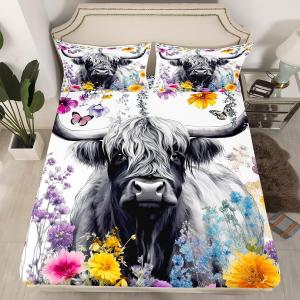 Erosebridal Комплект постельного белья Highland Cow с принтом бабочек, цветов и растений в стиле бохо, Multi 22