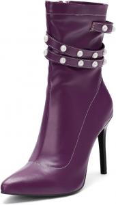 Женские модные ботильоны с заостренным носком на высоком каблуке, с молнией, шпильки, украшенные жемчугом, элегантные короткие ботинки JOEUSTY, Purple