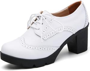 Женские кожаные классические туфли DADAWEN на шнуровке с платформой и массивным средним каблуком, квадратным носком и оксфорды для платьев, White