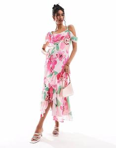 Платье миди с рукавами-крылышками, разрезом спереди и оборкой, с принтом Asos Design