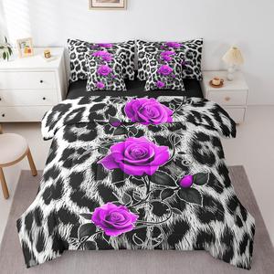 Erosebridal Комплект постельного белья Purple Rose с леопардовым принтом и цветочным узором, 7 предметов, Purple Black White