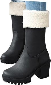 Зимние ботинки для женщин Удобные зимние сапоги для женщин с боковой молнией До середины голени, с толстым каблуком, меховые ботинки, теплые ботинки на щиколотку, обувь для улицы и вечеринок Generic, Black