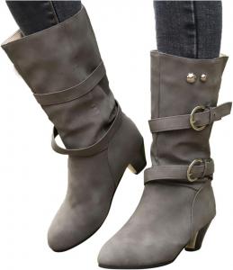 Женские сапоги-туфли Hbeylia с модной кожаной лентой, на высоком каблуке, с широкой средней голенью, для женщин, повседневные сапоги на среднем каблуке, для платья, езды, короткие боевые сапоги, Grey