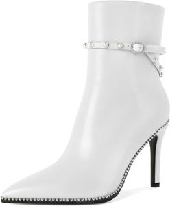 Женские ботильоны SAMMITOP, короткие сапожки с заостренным носком, стойка-кубита на высоком каблуке, модные туфли с бусинами, жемчужной пряжкой, для платья, каблук 4 дюйма