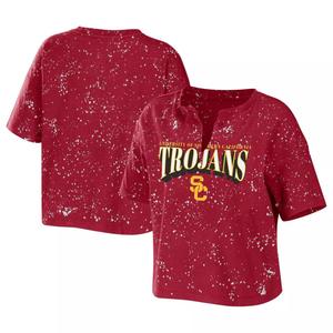 Женская одежда Erin Andrews Cardinal USC Trojans Bleach Wash Splatter Notch Neck Футболка