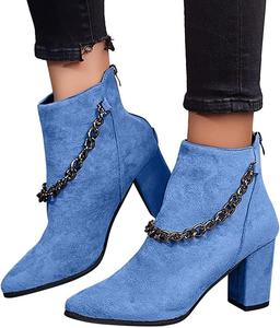 No Brand Удобные ботильоны на щиколотке с цепочками для женщин, с заостренным носком и массивным каблуком, мягкие и комфортные замшевые ботинки Челси (Цвет: синий, Размер: 10,5 US)