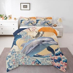 Erosebridal Комплект постельного белья Funny Cat с принтом океанских волн и дельфинов в японском стиле укиё-э, Beige Navy Grey Black