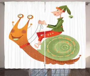 Штора ABAKUHAUS Гном в деревенском стиле, Маленький эльф верхом на улитке, универсальная тесьма для гостиной с петлями и крючками, 280 x 245 см, цвет: оливково-зеленый Сиена Abakuhaus