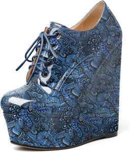 Женские ботильоны AUMOTED на танкетке, круглый носок, платформенные короткие ботинки, для свиданий, из лакированной кожи, с шнуровкой, на танкетке 15 см, на молнии, удобные, Flower Blue