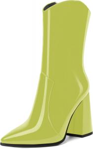 Женские ботильоны AMBELIGHT с острым носком, на молнии, с гладкой поверхностью, для офиса, на высоком каблуке 4 дюйма, Yellow Green