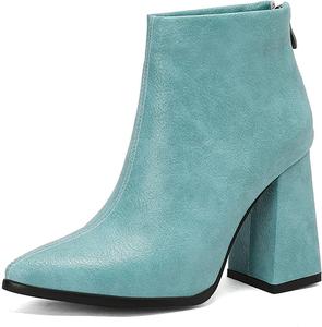 Женские кожаные ботильоны с заостренным носком, средним блочным каблуком, ручная работа, сзади на молнии, на толстом каблуке, повседневные, офисные, для работы и выхода HDFDB, Blue