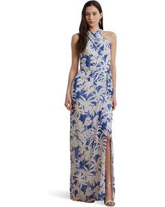 Платье Lauren Ralph Lauren Palm-Frond-Print Georgette Halter Gown, цвет Blue/White
