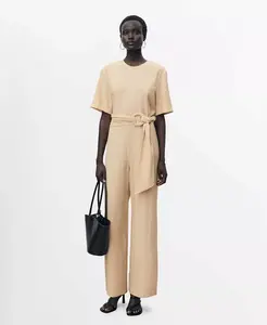 Женский комбинезон прямого кроя с короткими рукавами MANGO, коричневый/бежевый