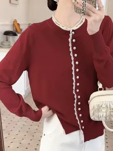 Женский вязаный топ с отделкой из пуговиц, напоминающих жемчуг Doux Belle, цвет Wine Red