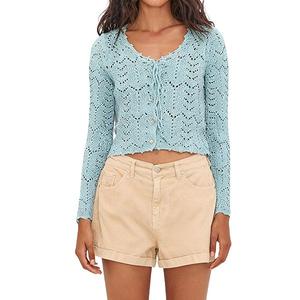 Женский кардиган с длинным рукавом, завязками спереди и вырезом Clearflower, Light Blue