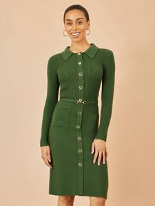 Длинное платье миди с круглым вырезом и длинными рукавами Yumi, Green