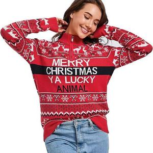 Женский свитер Ugly Christmas с молнией и воротником-стойкой для праздничной вечеринки Clearflower, Red