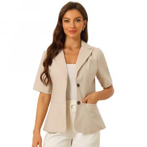 Хлопково-льняной пиджак для женщин, офисный деловой пиджак с короткими рукавами и лацканами ALLEGRA K, цвет Khaki