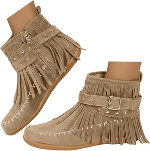 Женские универсальные ботильоны, женские ретро ковбойские сапоги с закрытым носком, низким каблуком, боевые западные туфли с бахромой Generic, 00-Blue