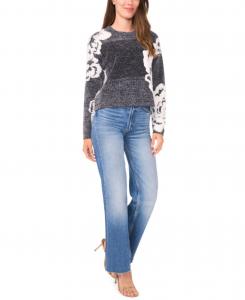 Женский жаккардовый свитер с цветочным принтом и круглым вырезом Sam & Jess, Rich Black/antique White