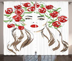 Штора для спальни ABAKUHAUS в деревенском стиле с цветочным узором, Женщина с цветочным декором, с присборенной лентой, петлями и крючками, 280 x 225 см, цвет: зеленый, красный, бежевый Abakuhaus