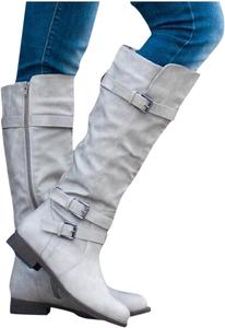 Женские высокие сапоги Hbeylia до колена, модные свободные складки, широкие сапоги выше колена, массивный низкий каблук, плоские высокие сапоги с боковой молнией, зимние теплые повседневные длинные сапоги для женщин, Grey