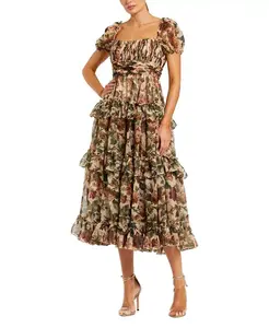 Платье-Миди А-силуэта из шифона с пышными рукавами и оборками. Mac Duggal, мультиколор