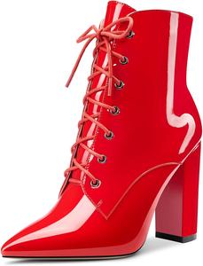 Женские ботильоны Aachcol, короткие ботинки с закрытым заостренным носком, на массивном высоком каблуке, лакированные, на шнуровке, каблук 4 дюйма, Red